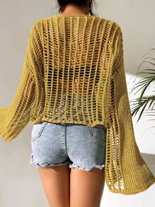 SHEIN VCAY 鏤空喇叭袖鏤空針織套頭毛衣不附文胸 - 芥末黃 - 查看 2
