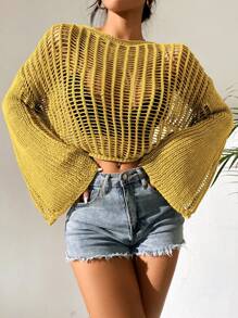 SHEIN VCAY 鏤空喇叭袖鏤空針織套頭毛衣不附文胸 - 芥末黃 - 查看 4