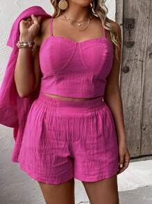 Mulvari Bộ thời trang Plus Size Nút phía trước màu trơn Giải trí - Màu Hồng Tươi - Xem 6