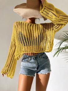 SHEIN VCAY 鏤空喇叭袖鏤空針織套頭毛衣不附文胸 - 芥末黃 - 查看 5