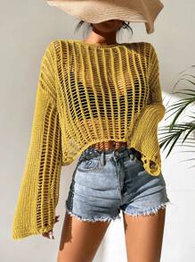 SHEIN VCAY 鏤空喇叭袖鏤空針織套頭毛衣不附文胸 - 芥末黃 - 查看 7