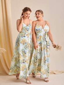 SHEIN Belle Talla grande 1 pieza Vestido de dama de honor de tirantes con estampado de paisley de muslo con abertura con cinturón