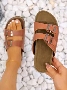 女士搭扣裝飾鞋墊酷棕色平底涼鞋