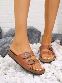 女士搭扣裝飾鞋墊酷棕色平底涼鞋