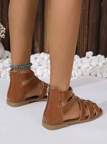 Women Cut Out Flat Sandals, Vacation Brown Gladiator Sandals - Brown - View 2