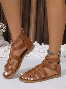Women Cut Out Flat Sandals, Vacation Brown Gladiator Sandals - Brown - View 5