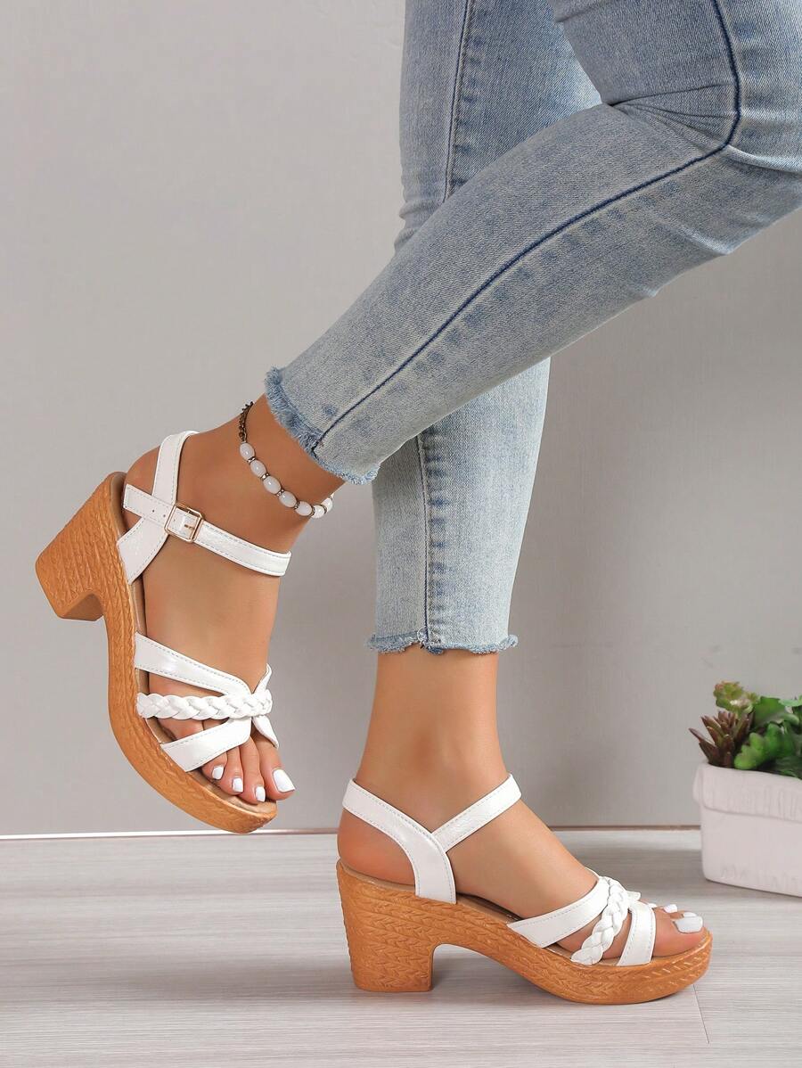 女性結飾粗跟踝帶度假白色涼鞋 - 白色 - 查看 1