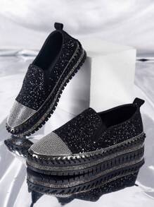 女士水鑽裝飾厚底一腳蹬運動黑色休閒鞋