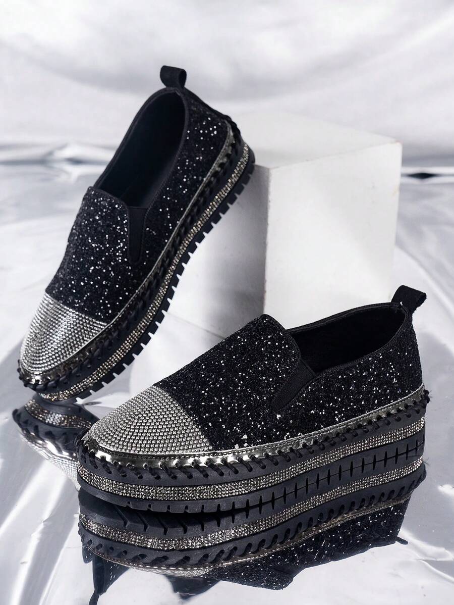 女士水鑽裝飾厚底一腳蹬運動黑色休閒鞋