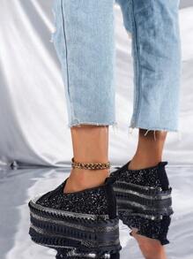 女士水鑽裝飾厚底一腳蹬運動黑色休閒鞋