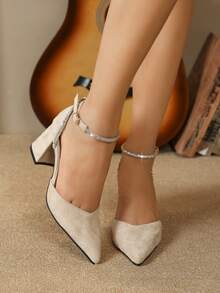 Women Rhinestone Decor Point Toe Chunky Heeled Pumps, Fashion Faux Suede Ankle Strap Pumps - Apricot - View 4