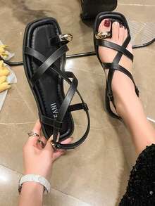 女士金屬裝飾趾環平底涼鞋，時尚黑色涼鞋 - 黑色 - 查看 2