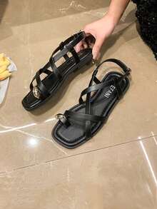 女士金屬裝飾趾環平底涼鞋，時尚黑色涼鞋 - 黑色 - 查看 6