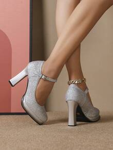 Mujer Tacones de correa de tobillo brillante de punta cuadrada con tacón grueso atractivo plata brillante - Plateado - Ver 3