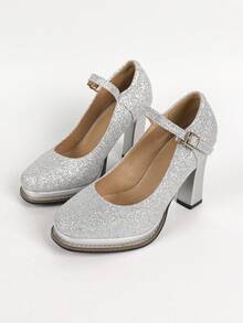 Mujer Tacones de correa de tobillo brillante de punta cuadrada con tacón grueso atractivo plata brillante - Plateado - Ver 4
