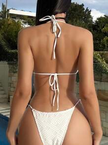 吊带三角系带侧比基尼套装，适合夏季海滩度假 - 白色 - 查看 3
