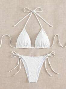 吊带三角系带侧比基尼套装，适合夏季海滩度假 - 白色 - 查看 1