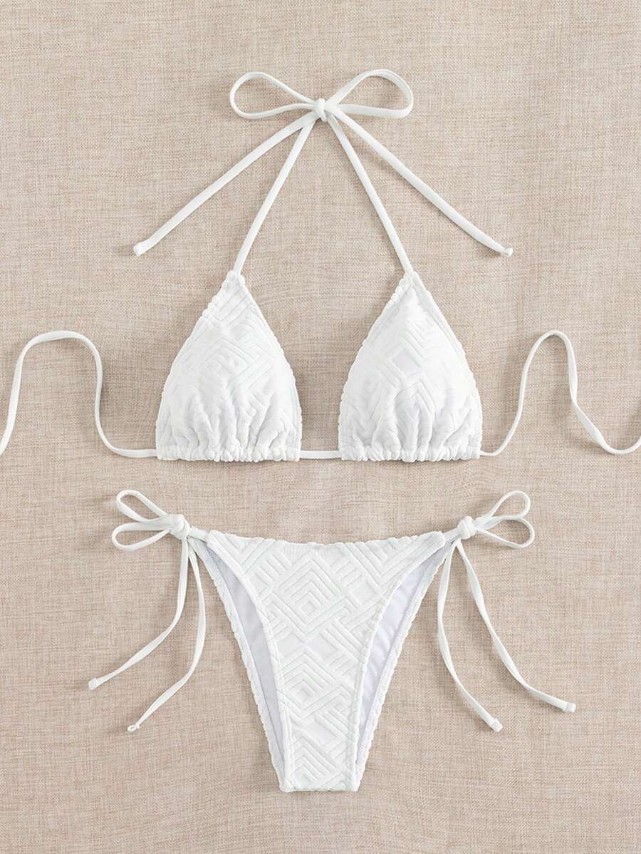 吊带三角系带侧比基尼套装，适合夏季海滩度假 - 白色 - 查看 1