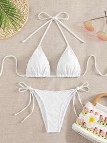 吊带三角系带侧比基尼套装，适合夏季海滩度假 - 白色 - 查看 6