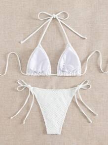 吊带三角系带侧比基尼套装，适合夏季海滩度假 - 白色 - 查看 7