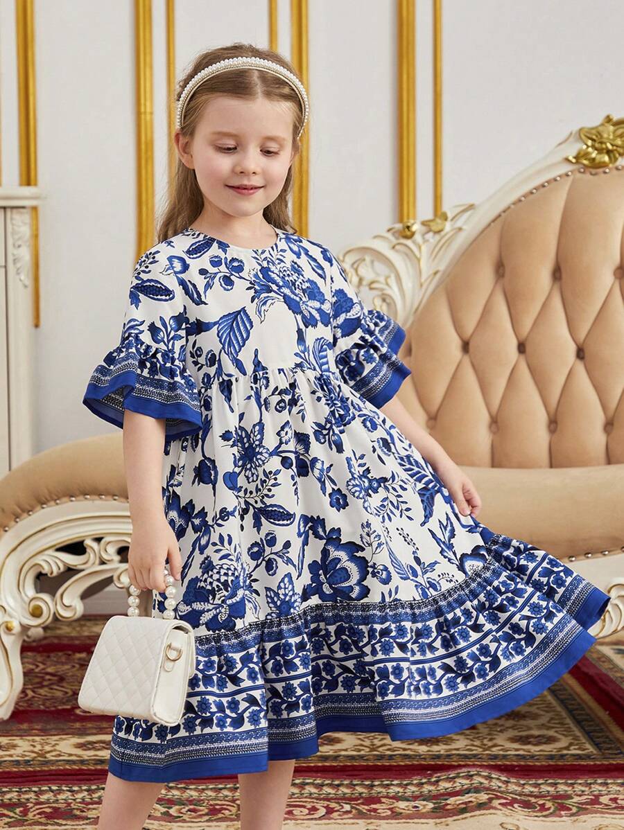 SHEIN Leap Crew 年輕女孩花印荷葉邊飄裙連衣裙 - 藍色 - 查看 1