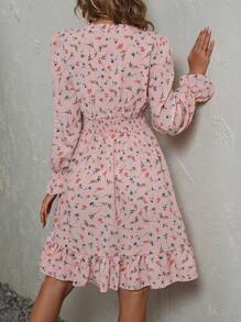 SHEIN LUNE Ditsy Floral Print Flounce Sleeve Ruffle Hem Dress - Baby Pink - View 2
