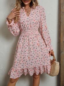 SHEIN LUNE Ditsy Floral Print Flounce Sleeve Ruffle Hem Dress - Baby Pink - View 3