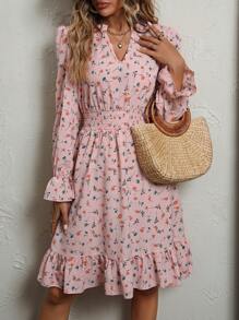 SHEIN LUNE Ditsy Floral Print Flounce Sleeve Ruffle Hem Dress - Baby Pink - View 4