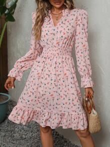 SHEIN LUNE Ditsy Floral Print Flounce Sleeve Ruffle Hem Dress - Baby Pink - View 5