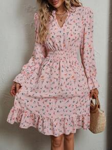 SHEIN LUNE Ditsy Floral Print Flounce Sleeve Ruffle Hem Dress - Baby Pink - View 6