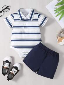 SHEIN 男嬰條紋圖案Polo領連體衣和短褲套裝