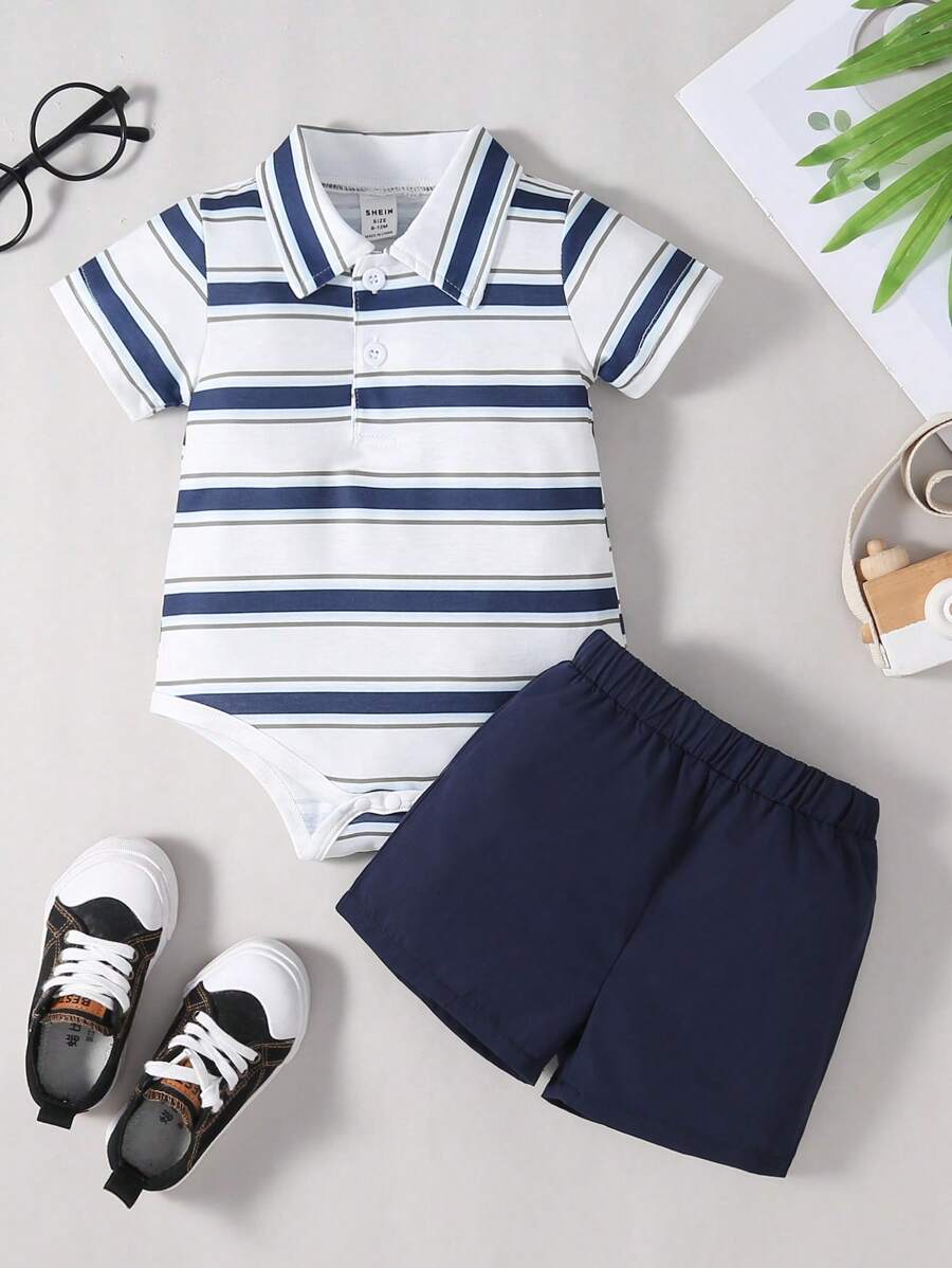 SHEIN 男嬰條紋圖案Polo領連體衣和短褲套裝
