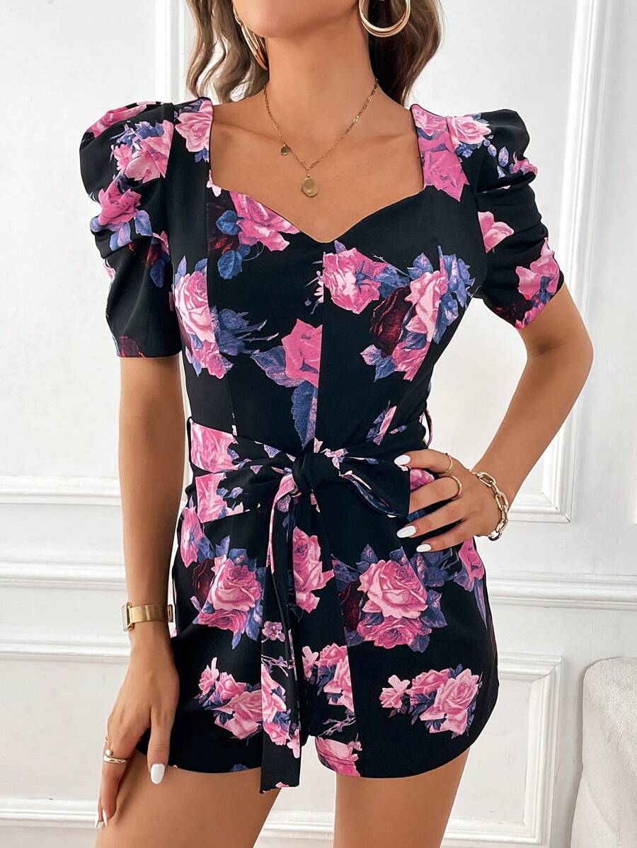 SHEIN Clasi Floral Print Sweetheart Neck Puff Sleeve Belted Romper - Multicolor - View 1