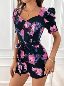 SHEIN Clasi Floral Print Sweetheart Neck Puff Sleeve Belted Romper - Multicolor - View 6