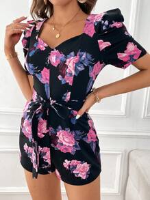 SHEIN Clasi Floral Print Sweetheart Neck Puff Sleeve Belted Romper - Multicolor - View 7