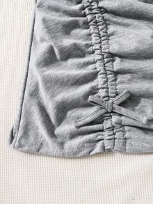 SHEIN 女孩泡泡袖短款T恤&褶邊前打結吊帶連衣裙 - 淺灰色 - 查看 3