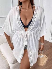 SHEIN Swim Curve Plus Contrast Lace Drawstring Waist Batwing Sleeve Kimono - White - View 1