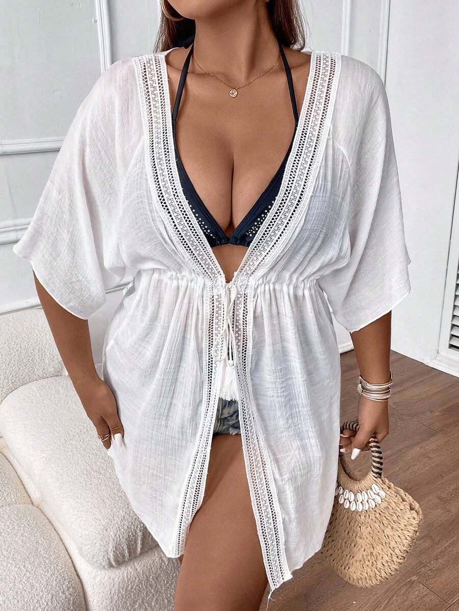SHEIN Swim Curve Plus Contrast Lace Drawstring Waist Batwing Sleeve Kimono - White - View 1