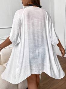 SHEIN Swim Curve Plus Contrast Lace Drawstring Waist Batwing Sleeve Kimono - White - View 2