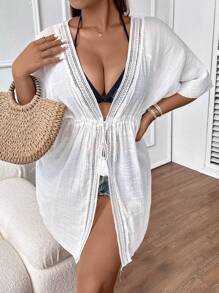 SHEIN Swim Curve Plus Contrast Lace Drawstring Waist Batwing Sleeve Kimono - White - View 6