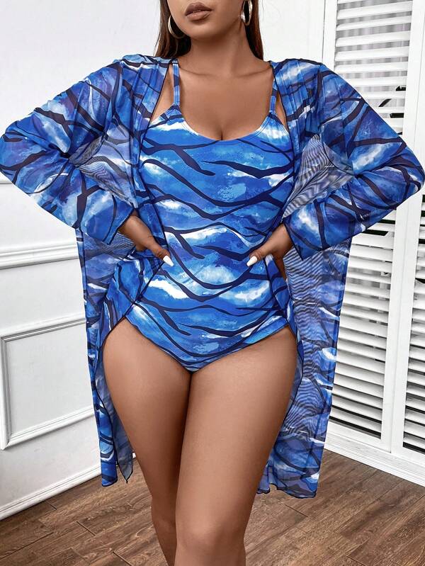 SHEIN Swim Vcay Plus Allover Print One Piece Swimsuit With Kimono