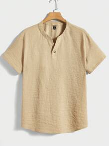 GENTILAND Loose Fit Men's Solid Color Short Sleeve Casual Popover Shirt - Khaki - View 1