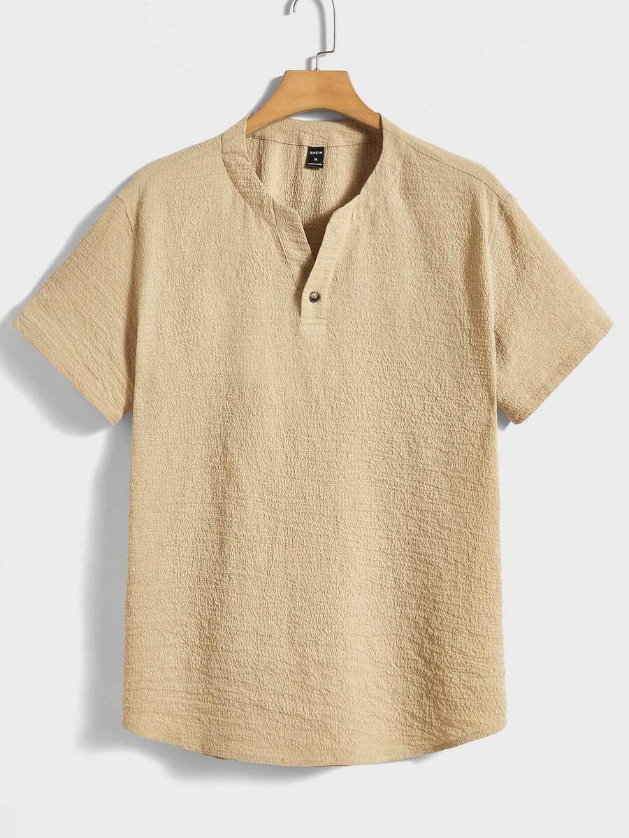 GENTILAND Loose Fit Men's Solid Color Short Sleeve Casual Popover Shirt - Khaki - View 1