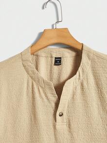 GENTILAND Loose Fit Men's Solid Color Short Sleeve Casual Popover Shirt - Khaki - View 3