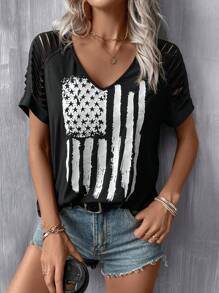 SHEIN LUNE Flag Print Ripped Raglan Sleeve Tee