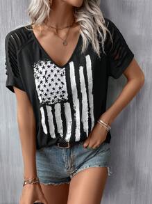 SHEIN LUNE Flag Print Ripped Raglan Sleeve Tee