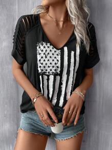 SHEIN LUNE Flag Print Ripped Raglan Sleeve Tee