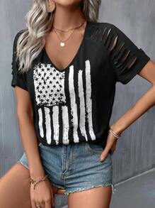 SHEIN LUNE Flag Print Ripped Raglan Sleeve Tee