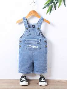 Baby Boy Letter Graphic Denim Dungaree Romper - Light Wash - View 1