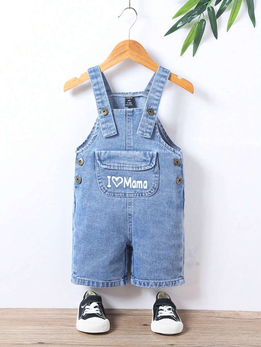 Baby Boy Letter Graphic Denim Dungaree Romper - Light Wash - View 1